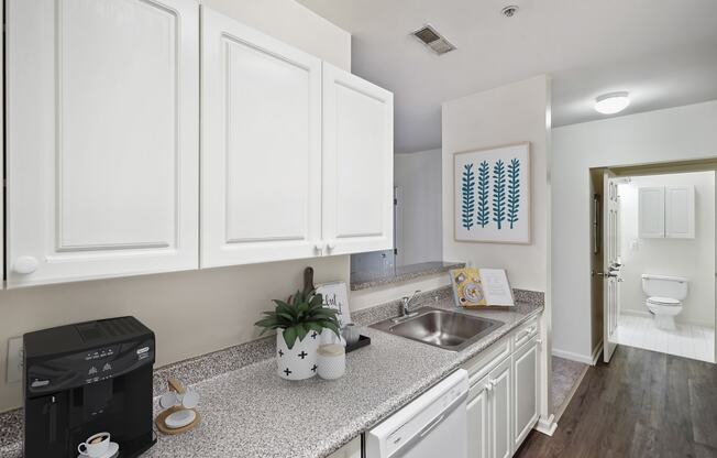 a kitchen with white cabinets and a sink and a dishwasher
