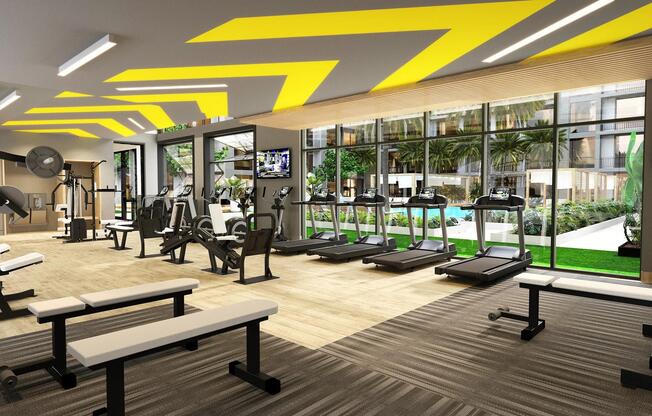 Club-quality fitness studio with spin bikes, sauna, and activity lawn.