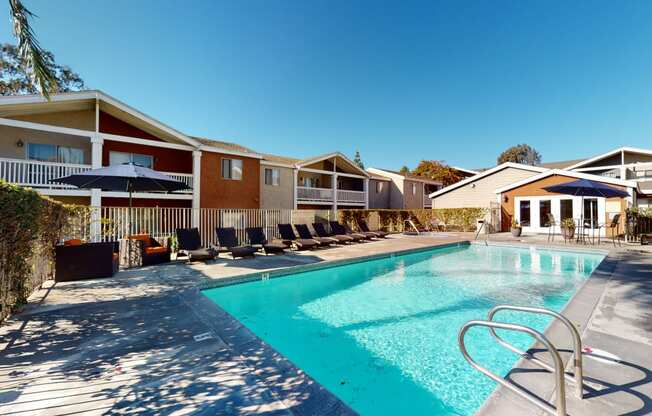 Ontario CA Apartments - Rancho Vista - Private Pool With Fenced Perimeter, Lounge Chairs, Seating With Umbrellas, and Crystal Clear Water