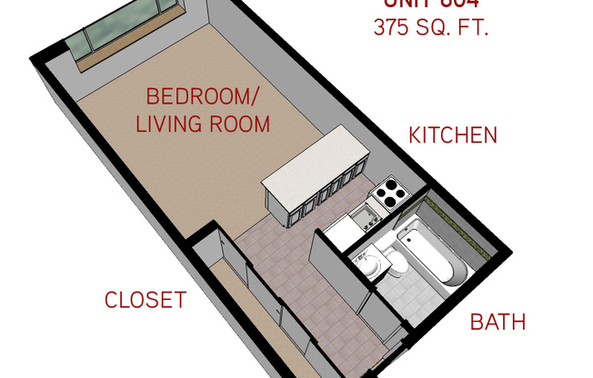 Studio, 1 bath, 375 sqft, $825, Unit 604