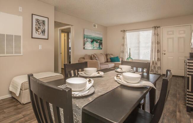 Spacious dining area with faux wood blinds in Henderson, NV