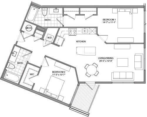 2 beds, 2 baths, 1,071 sqft, $3,372, Unit 214
