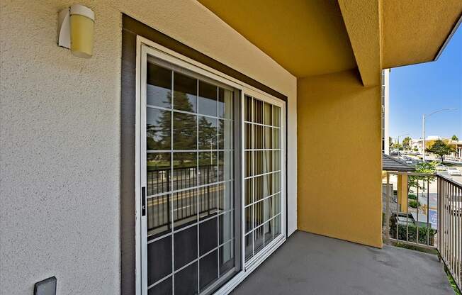 A sliding glass door with a view of a tree outside.