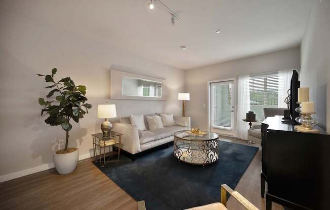 A living room with a white couch, a coffee table, and a plant.