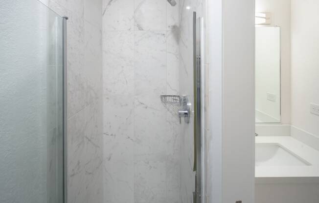 a bathroom with a shower and a sink