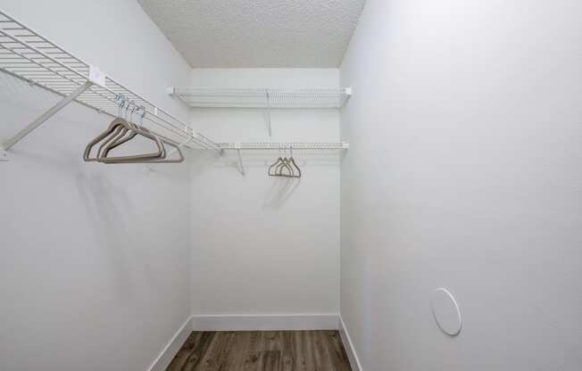 Coconut Creek Apartments – Waterview at Coconut Creek – empty closet with white walls and white hangers in a white room with wood