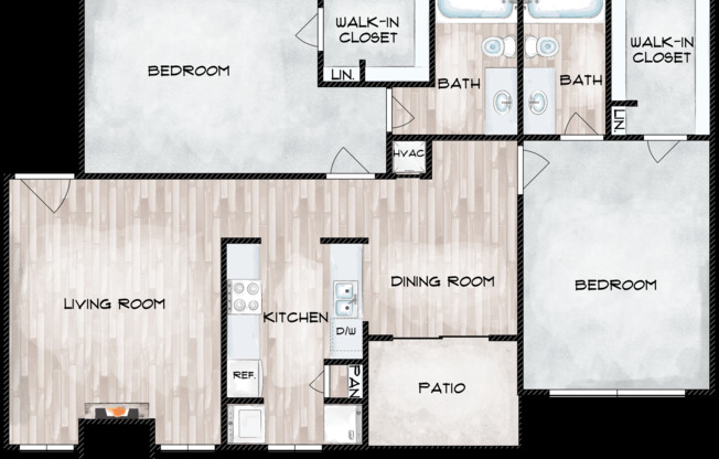 2 beds, 2 baths, 965 sqft, $1,225