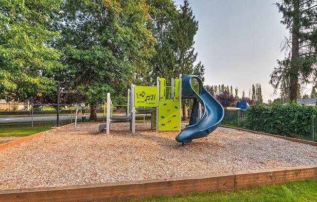 A large playground with a blue slide and a small green rock climbing wall. Surrounded by green grass, trees, and landscaping.
