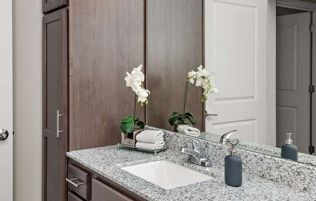 A bathroom with a sink, mirror, and wooden cabinets.