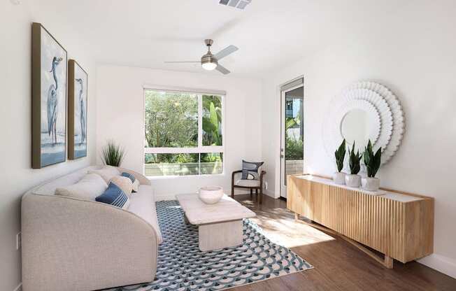 a living room with a couch and a coffee table