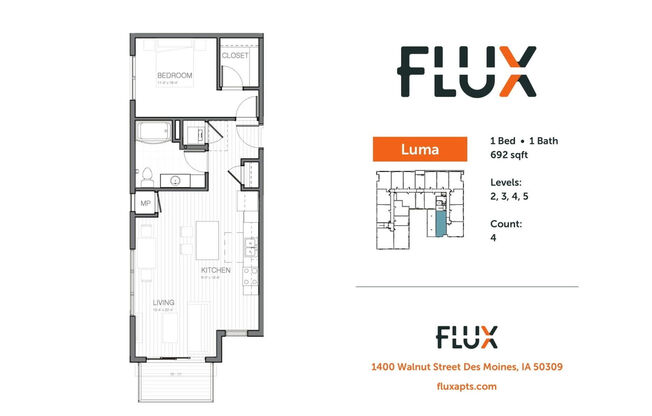 1 bed, 1 bath, 692 sqft, $1,064