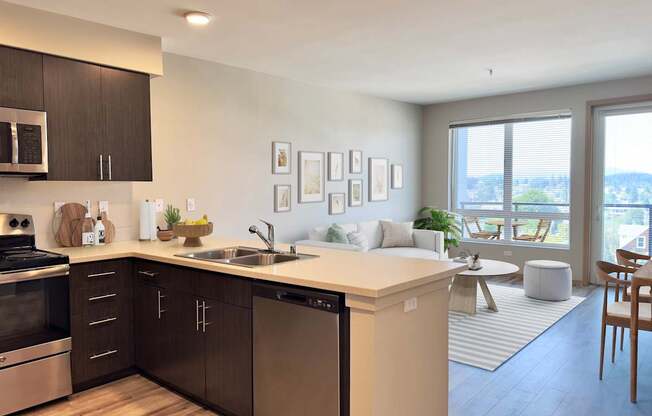 a kitchen and living room in an apartment at Spyglass Hill Apartments, Bremerton, Washington