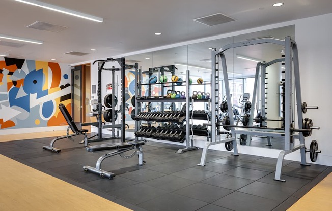 A gym with a variety of equipment including weights and weight machines.