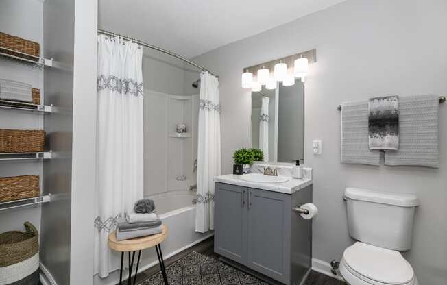 a bathroom with a toilet sink and shower and a mirror