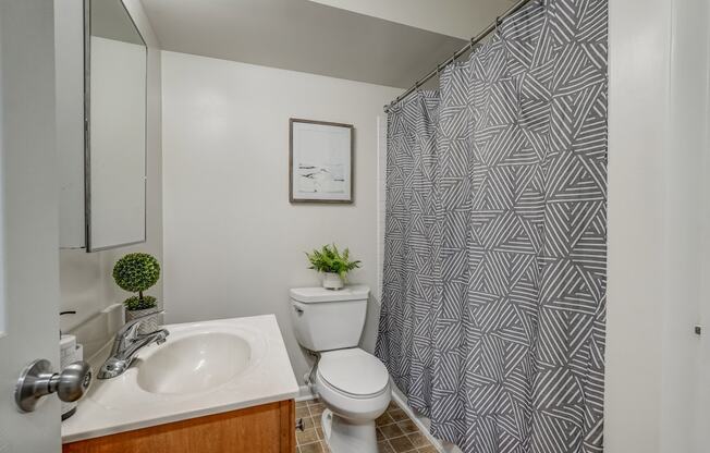 a bathroom with a white sink and toilet and a shower curtain