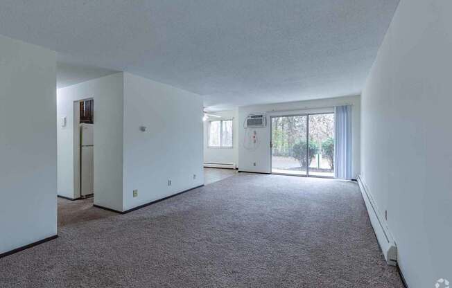 A large, empty room with a carpeted floor and a window with blinds.