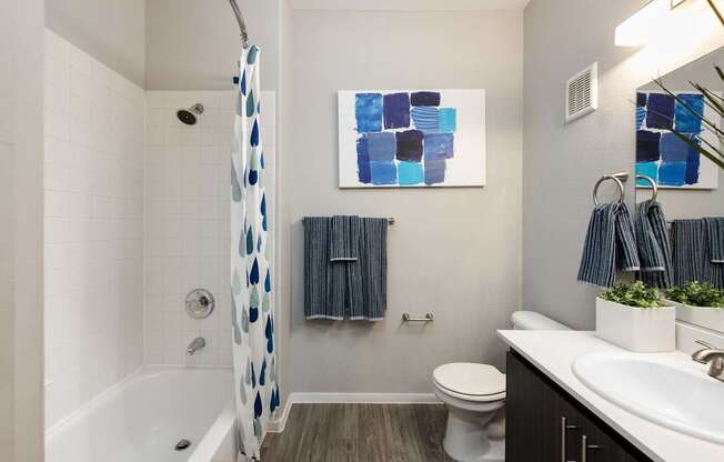 a bathroom with a shower and a toilet and a sink