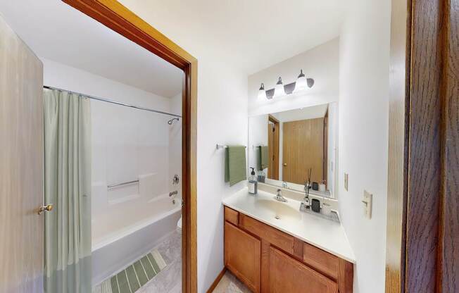 A bathroom with a sink, mirror, and shower.
