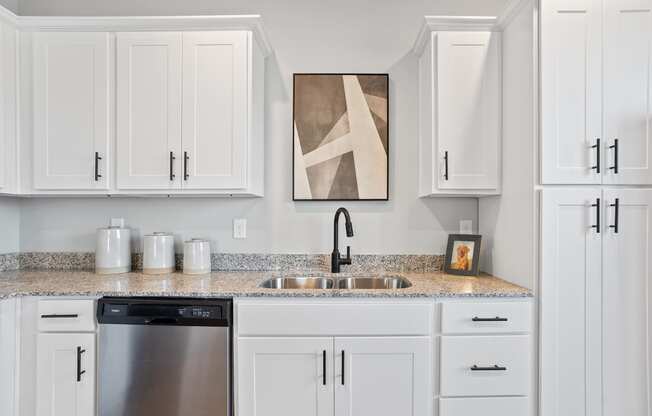 a kitchen with white cabinets, granite countertops, a stainless steel dishwasher and sink