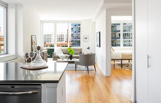 Large open concept one bedroom apartment rental in LIC with modern finishes, dishwasher, hard-wood f