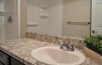 a double sink and large mirror