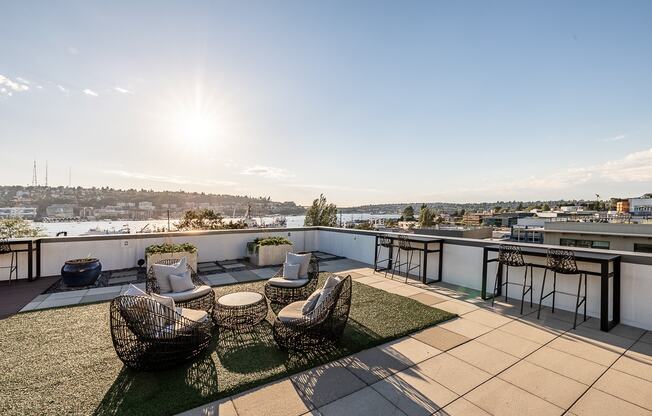 Equinox Rooftop Terrence seating area at Equinox Apartments, Seattle, WA