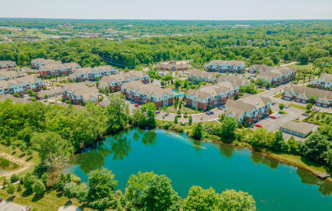 an aerial view of a community with a body of water