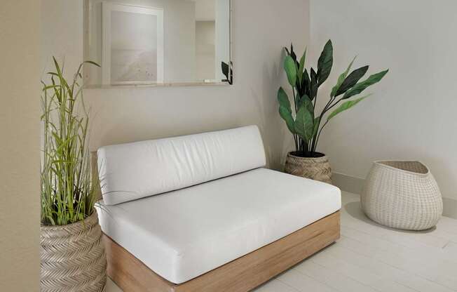 A white sofa with wooden frame and a potted plant beside it.