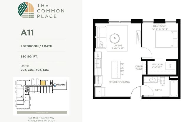1 bed, 1 bath, 549 sqft, $1,395, Unit 503