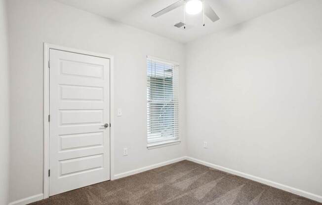 A room with a carpeted floor, a white door, and a window with blinds.