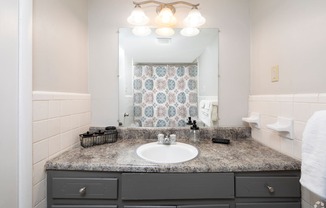 a bathroom with a sink and a mirror and a shower