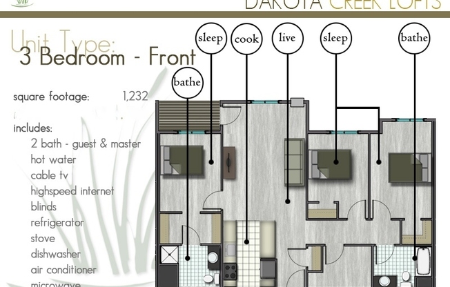 3 beds, 2 baths, 1,232 sqft, $1,425, Unit 413