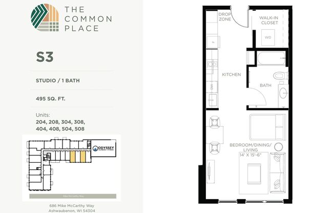 Studio, 1 bath, 490 sqft, $1,325, Unit 304