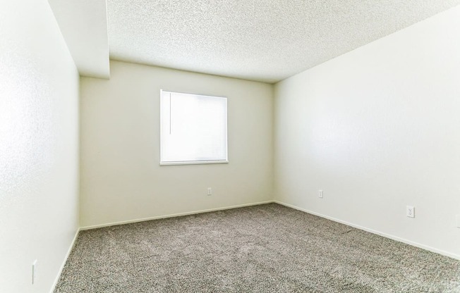 a bedroom with white walls and carpet