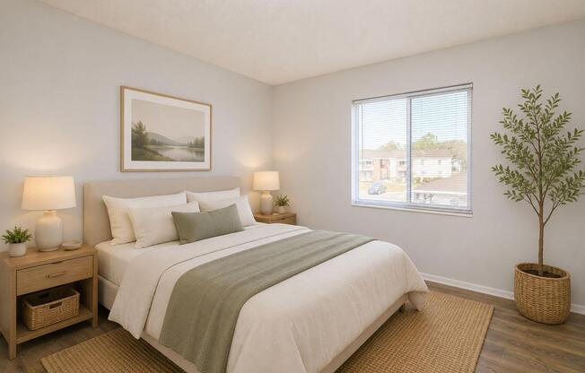 A cozy, modern bedroom featuring a queen-sized bed with white linens and a green throw blanket. There are two bedside tables with lamps, a window letting in natural light, and a potted plant in the corner. A framed landscape painting hangs on the light-colored wall, adding a serene touch to the space.