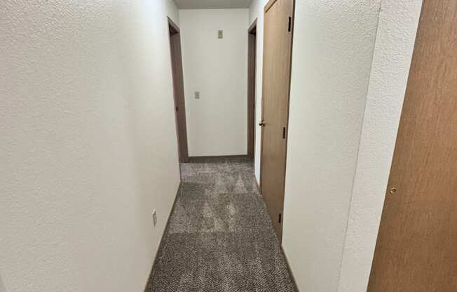A hallway with a carpeted floor and doors on both sides.
