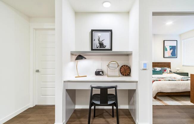 Built-in workspace with open shelving and dedicated task space, offering a convenient spot for remote work, study sessions, or daily organization.