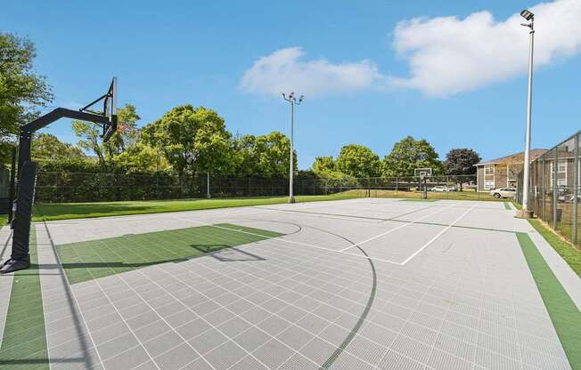 A basketball court with a green and grey surface and a basketball hoop on the left side.