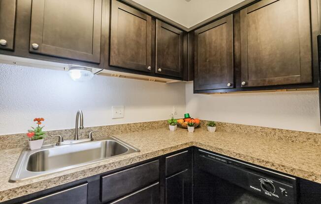 a kitchen with a stainless steel sink