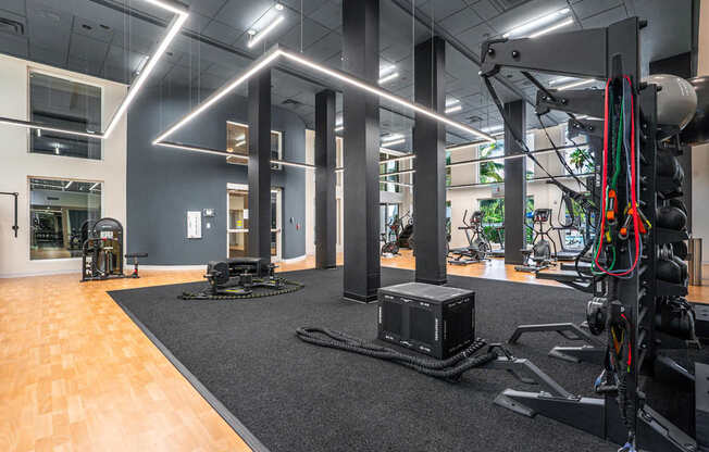 A gym with a variety of equipment including a squat rack, a bench, and a weight machine.