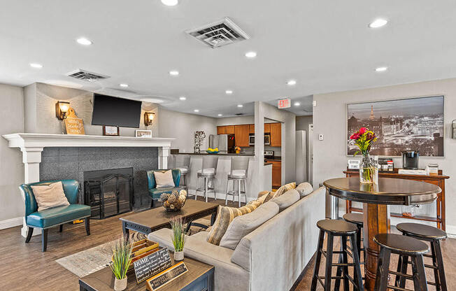 a living room with a couch and a table