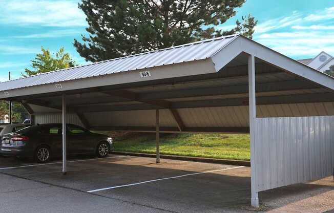 A carport with a metal roof and a car parked under it.