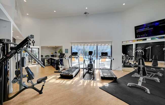 A well-equipped home gym with a variety of exercise machines.