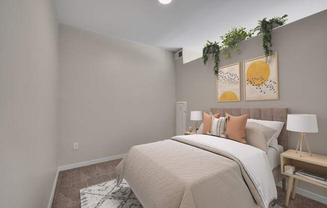 a bedroom with grey walls and a bed with a white comforter