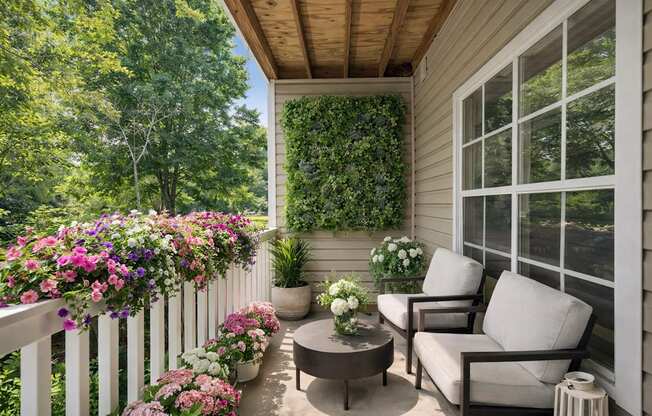 A white porch with a table and chairs.