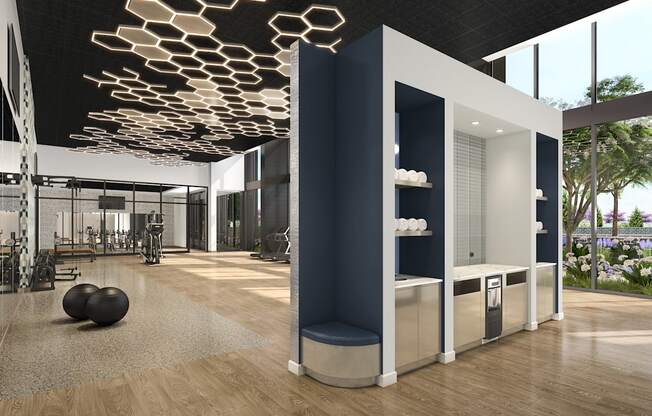 a rendering of the lobby of an office building with honeycomb ceilings