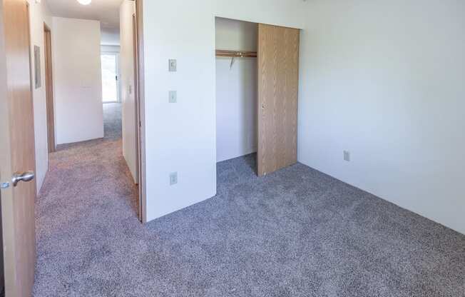 a bedroom with a closet and a carpeted floor
