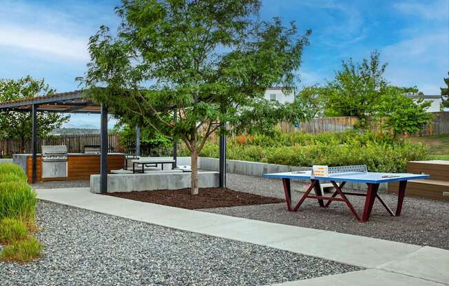 A patio with a table and chairs under a tree.
