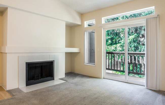 Novela Apartment Homes Living Room Fireplace and Balcony