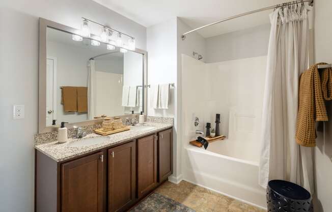 a bathroom with a large mirror and a sink and a tub